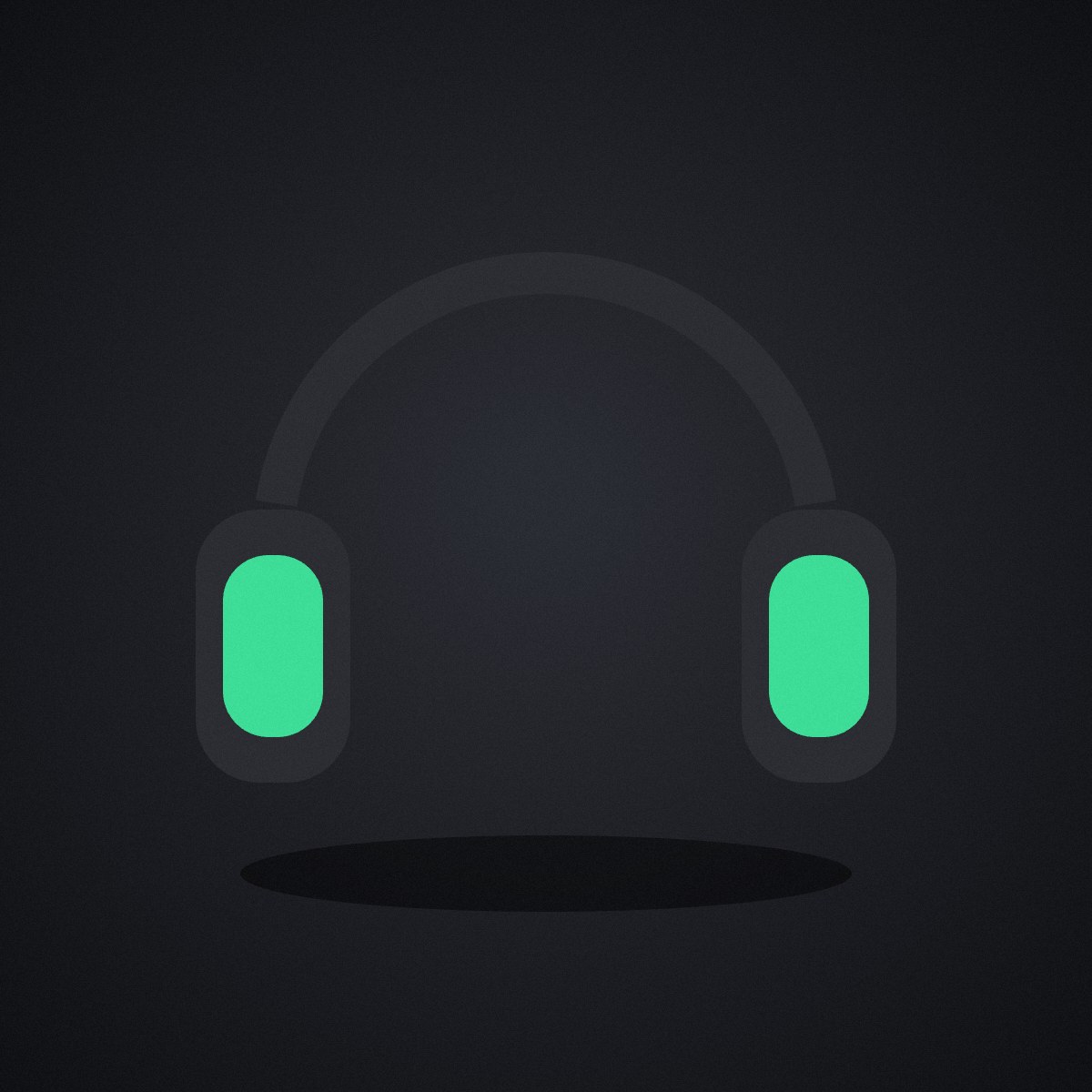 A simple graphic of a pair of headphones with green ear cushions on a dark background.